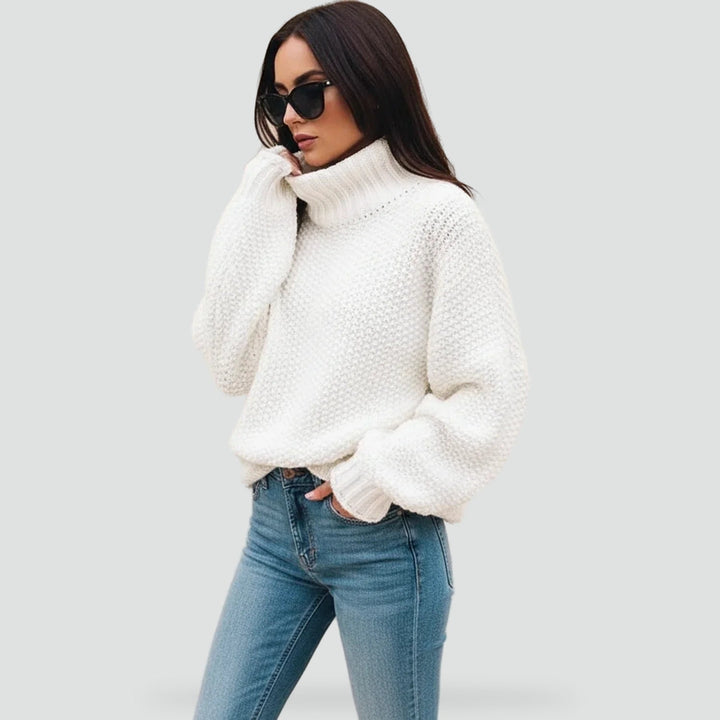 Warm Chunky Turtleneck Sweater with Folded Collar and Ribbed Cuffs for Women