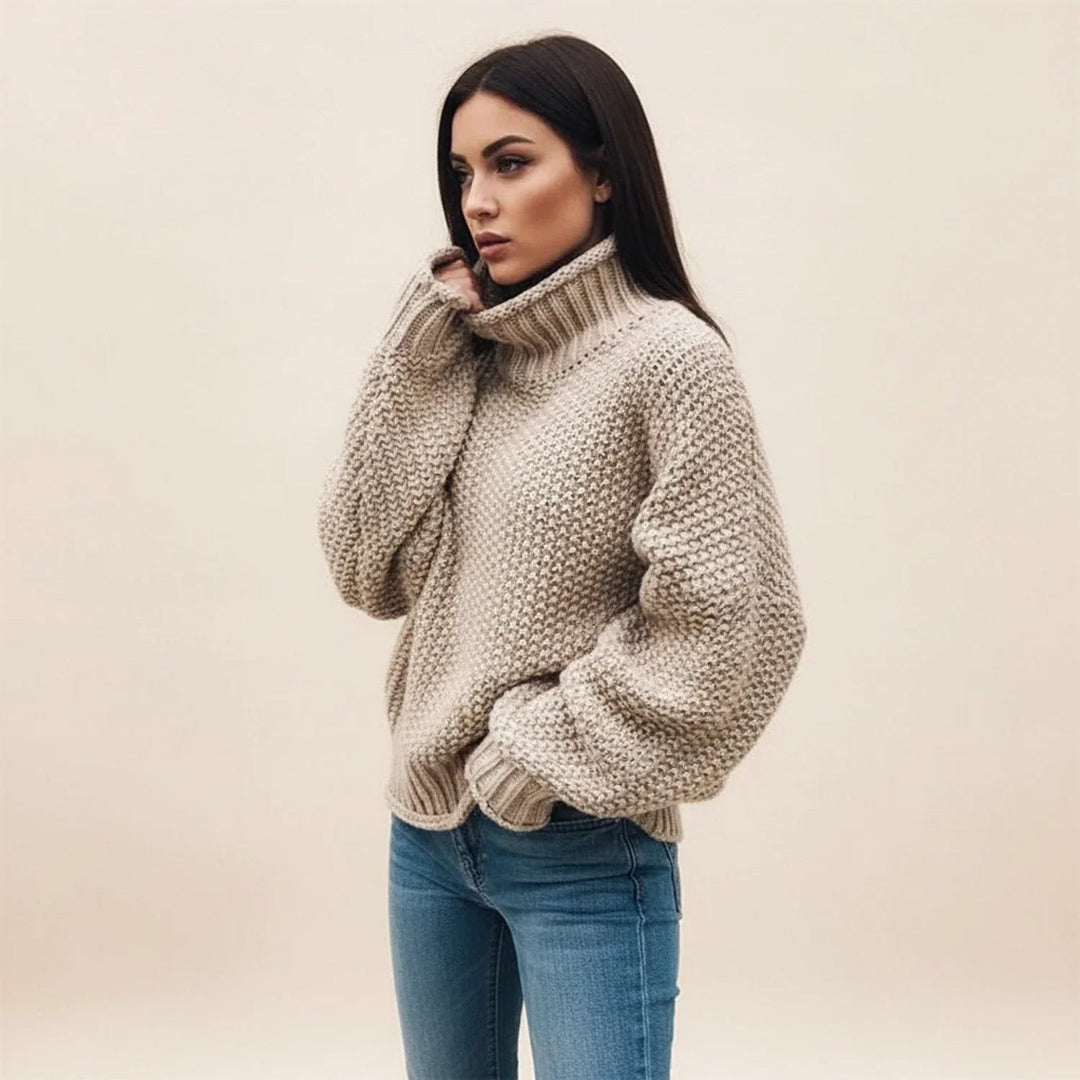 Warm Chunky Turtleneck Sweater with Folded Collar and Ribbed Cuffs for Women
