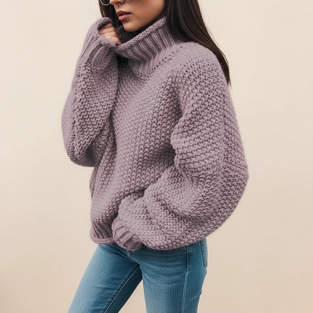 Warm Chunky Turtleneck Sweater with Folded Collar and Ribbed Cuffs for Women