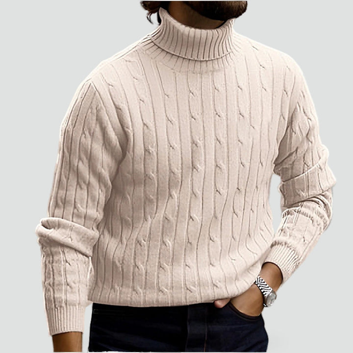 Warm Cable Knit Sweater with Folded Collar and Ribbed Cuffs for Men