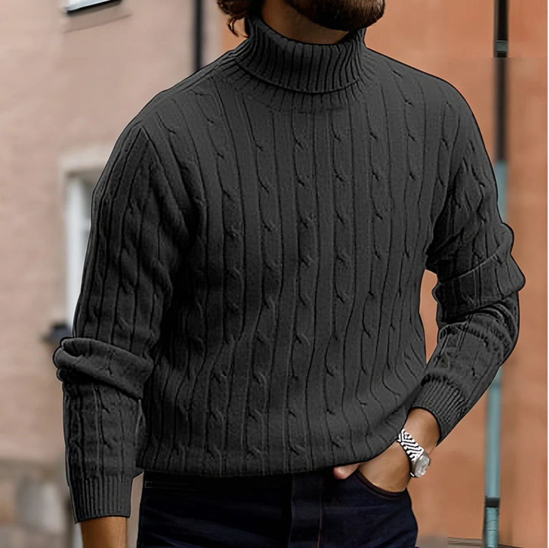 Warm Cable Knit Sweater with Folded Collar and Ribbed Cuffs for Men