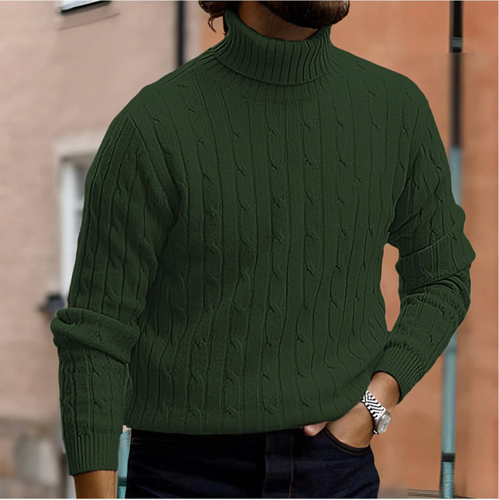 Warm Cable Knit Sweater with Folded Collar and Ribbed Cuffs for Men