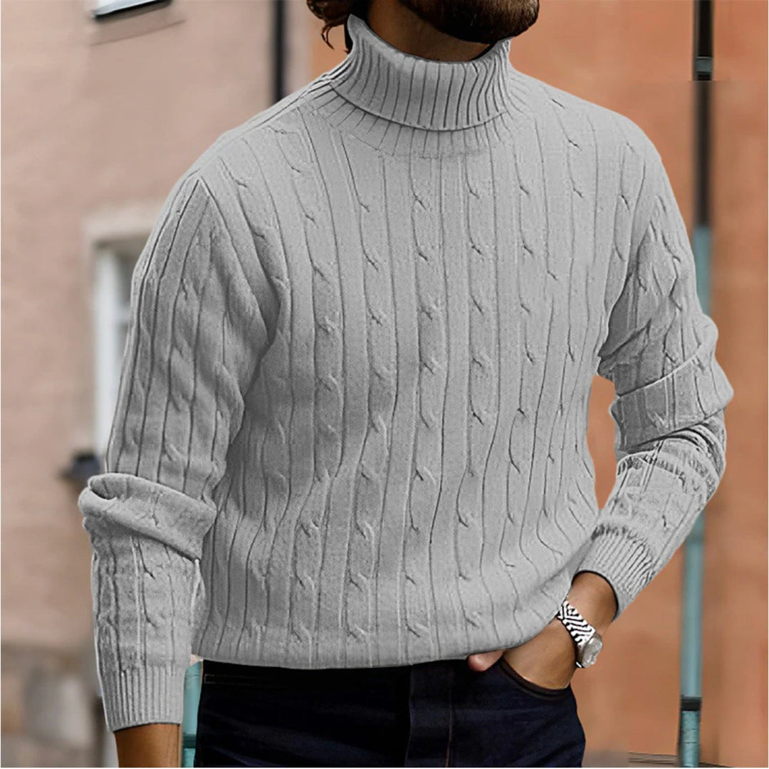 Warm Cable Knit Sweater with Folded Collar and Ribbed Cuffs for Men