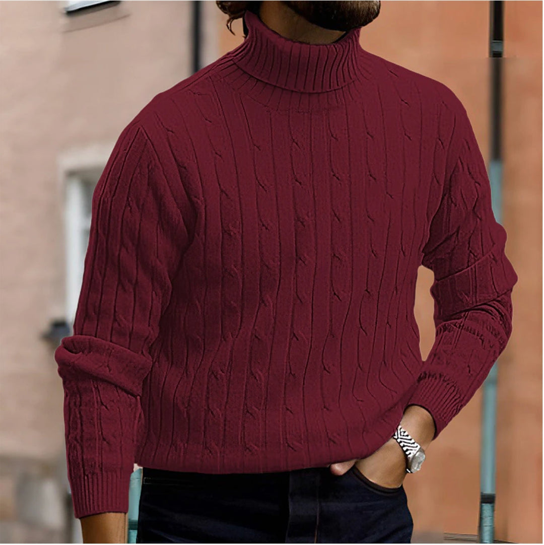 Warm Cable Knit Sweater with Folded Collar and Ribbed Cuffs for Men