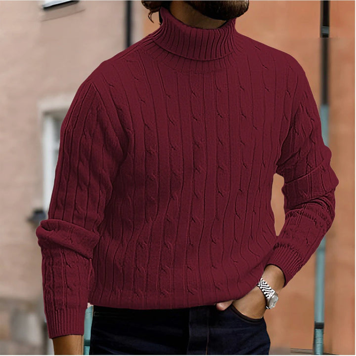 Warm Cable Knit Sweater with Folded Collar and Ribbed Cuffs for Men