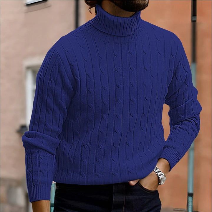 Warm Cable Knit Sweater with Folded Collar and Ribbed Cuffs for Men