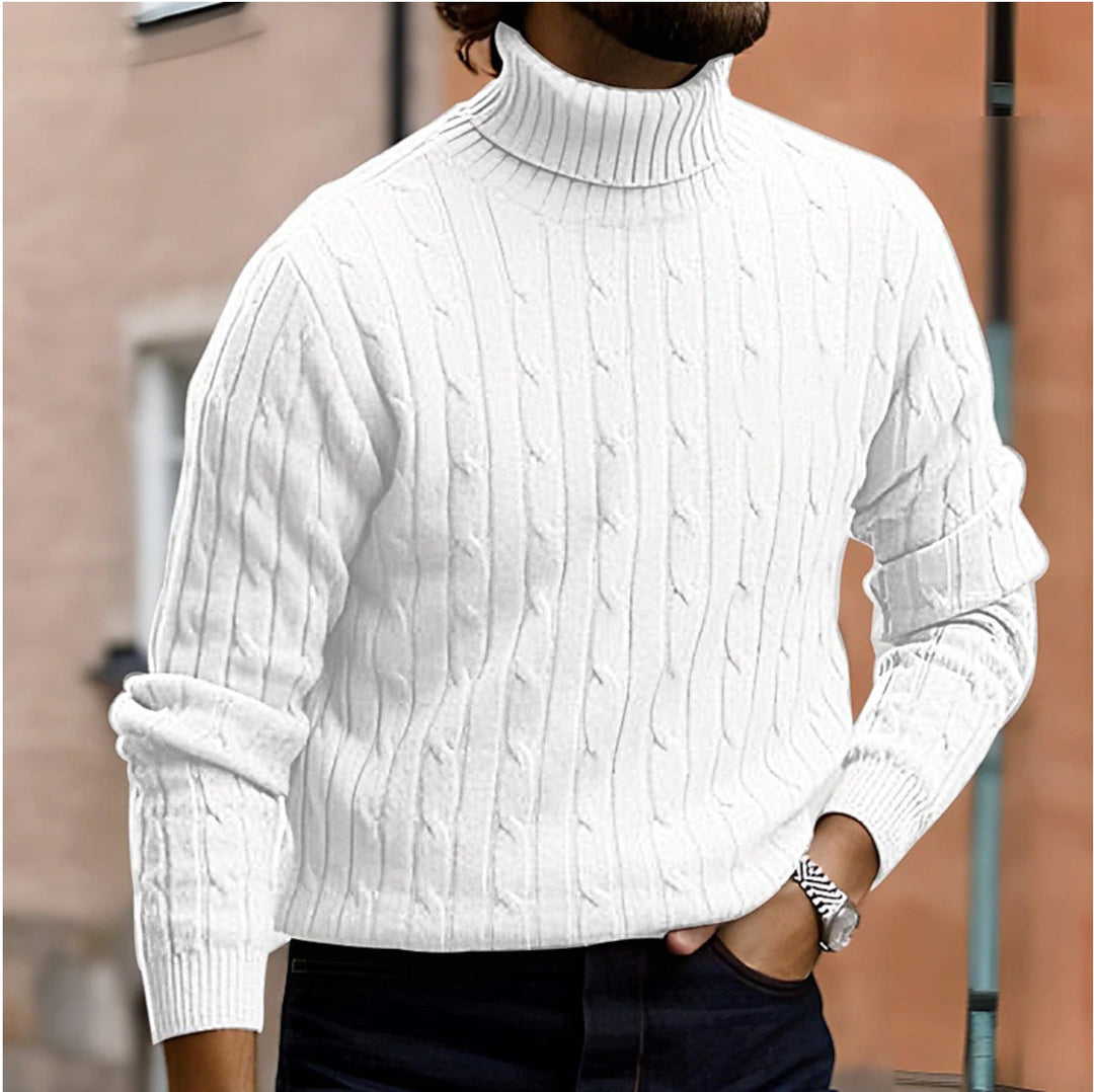Warm Cable Knit Sweater with Folded Collar and Ribbed Cuffs for Men