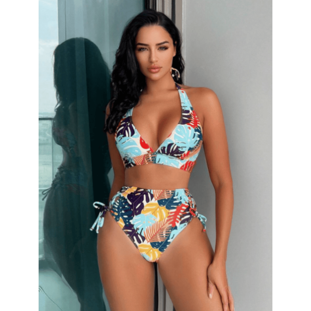 Exotic Oasis bikini set by Emma & Rose Manhattan featuring vibrant waves pattern, stylish swimwear with matching top and bottom.