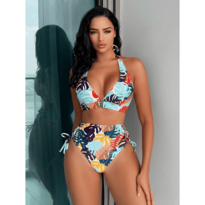 Exotic Oasis bikini set by Emma & Rose Manhattan featuring vibrant waves pattern, stylish swimwear with matching top and bottom.