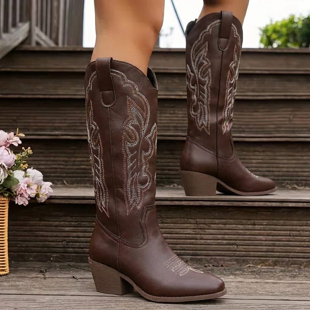 Etta Embroidered Cowgirl Block Heel Boots with Tall Shaft for Women - Elena Harper