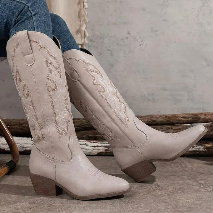 Etta Embroidered Cowgirl Block Heel Boots with Tall Shaft for Women - Elena Harper