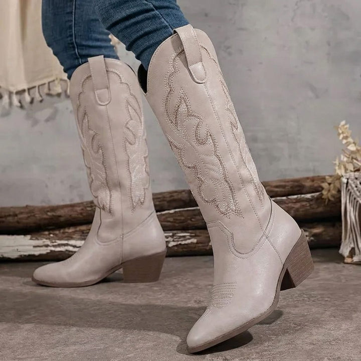 Etta Embroidered Cowgirl Block Heel Boots with Tall Shaft for Women - Elena Harper