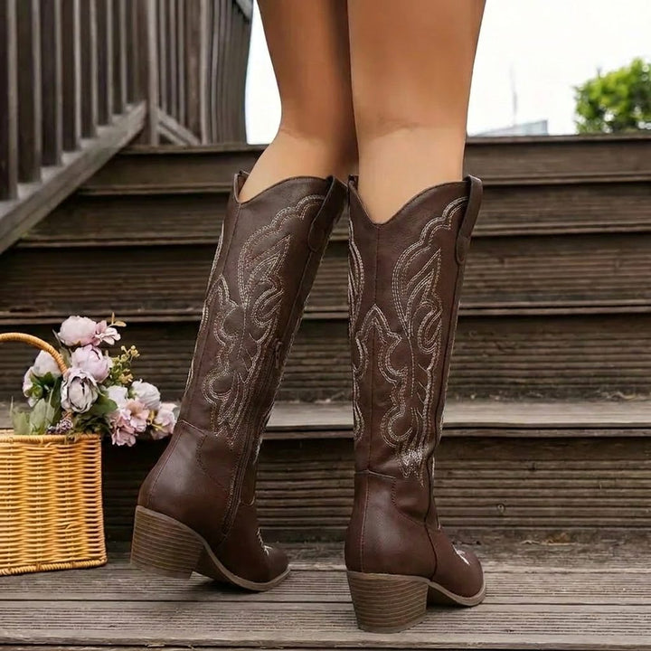 Etta Embroidered Cowgirl Block Heel Boots with Tall Shaft for Women - Elena Harper