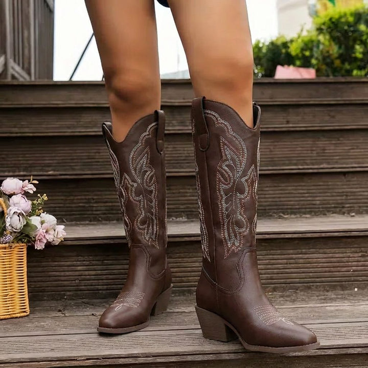 Etta Embroidered Cowgirl Block Heel Boots with Tall Shaft for Women - Elena Harper