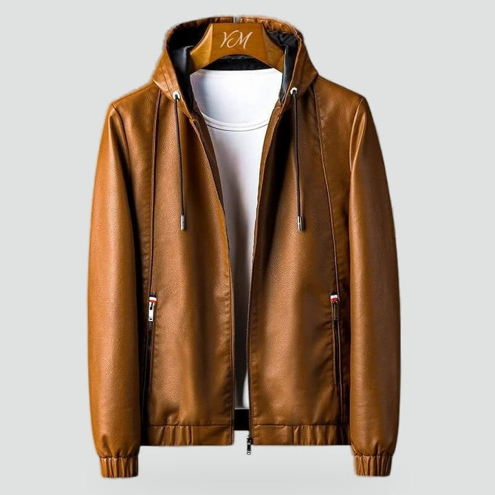 Windproof Leather Hooded Jacket with Zipper Pockets for Men