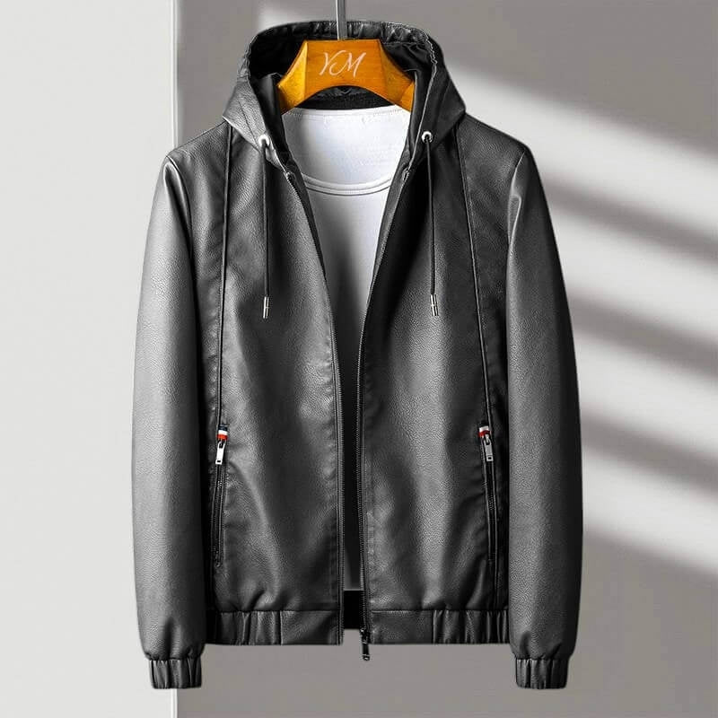 Windproof Leather Hooded Jacket with Zipper Pockets for Men