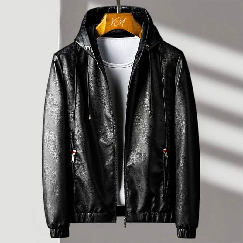 Windproof Leather Hooded Jacket with Zipper Pockets for Men