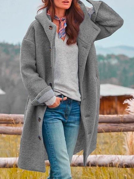 Wool Long Coat with Stand-Up Collar for Women
