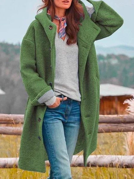 Wool Long Coat with Stand-Up Collar for Women