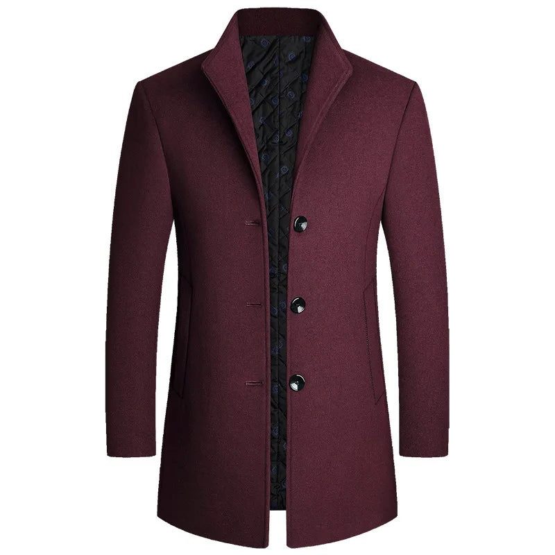 Wool Coat with Stand-Up Collar for Men
