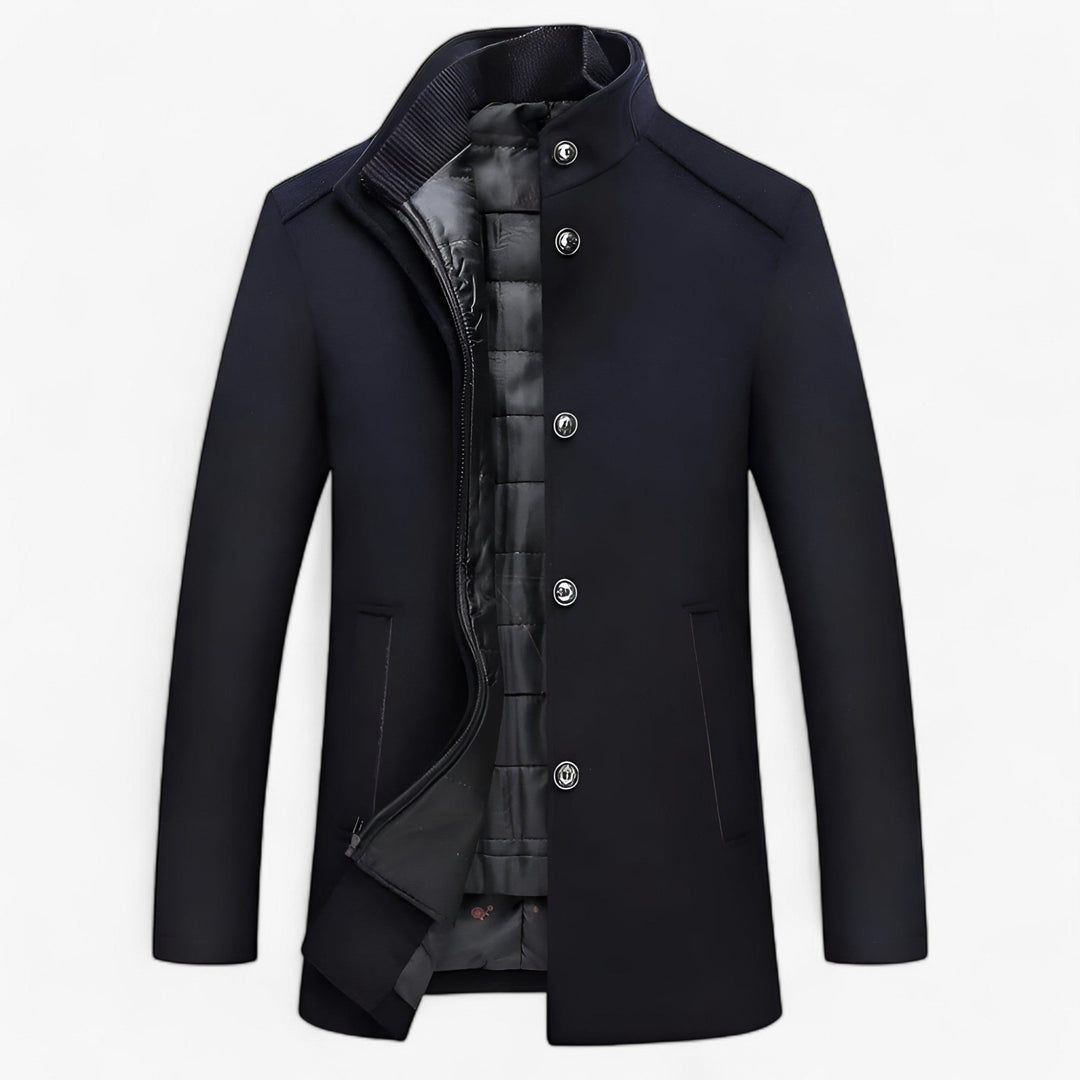 Wool Trench Coat with Stand-Up Collar for Men