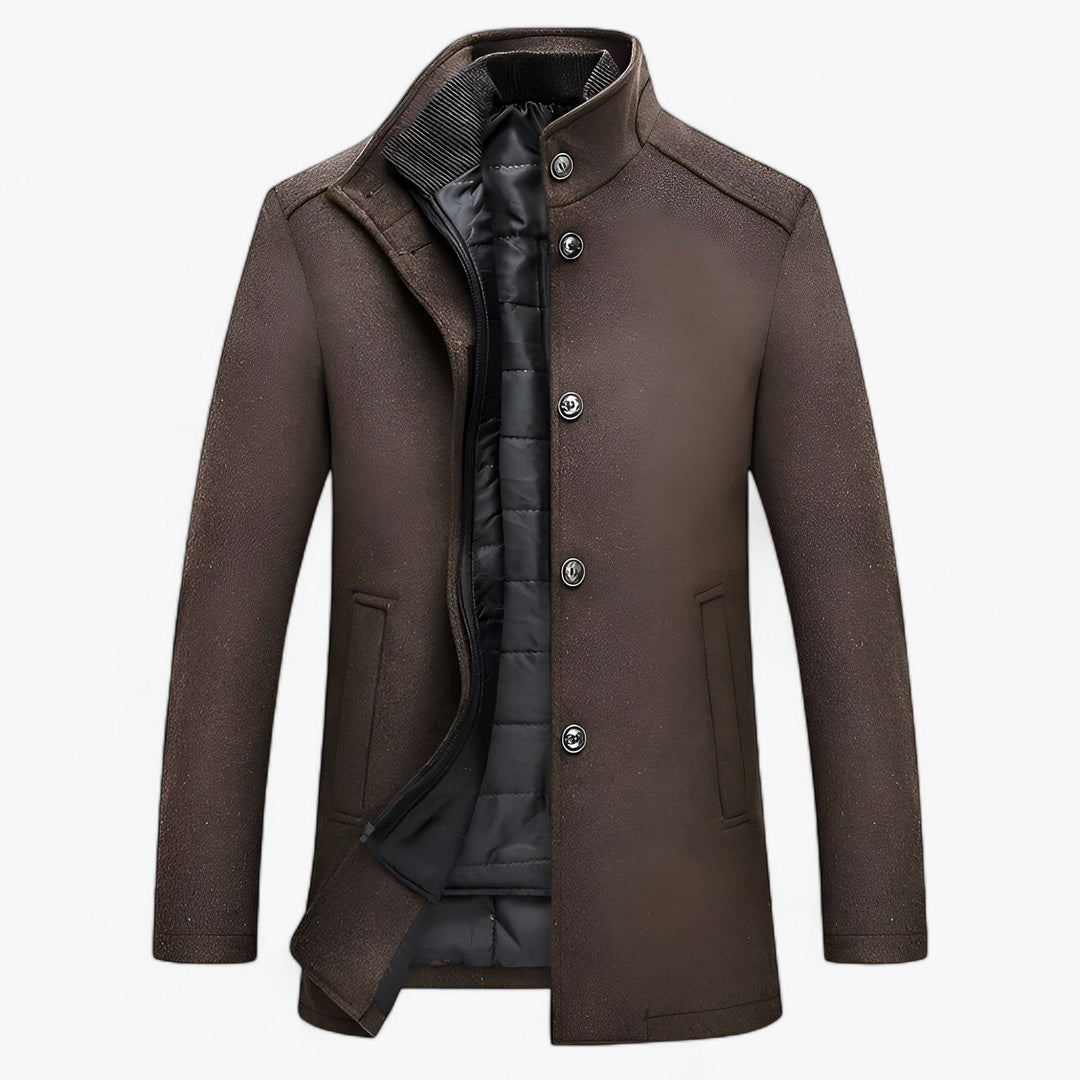Wool Trench Coat with Stand-Up Collar for Men