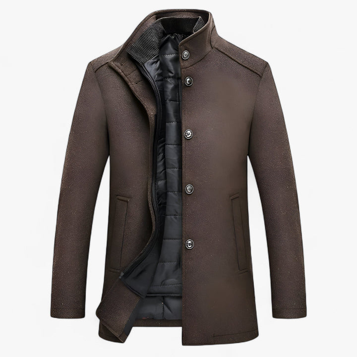Wool Trench Coat with Stand-Up Collar for Men