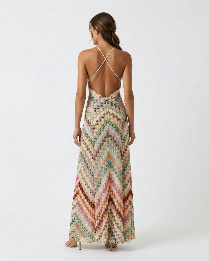 Women's Backless V-Neck Striped Maxi Dress