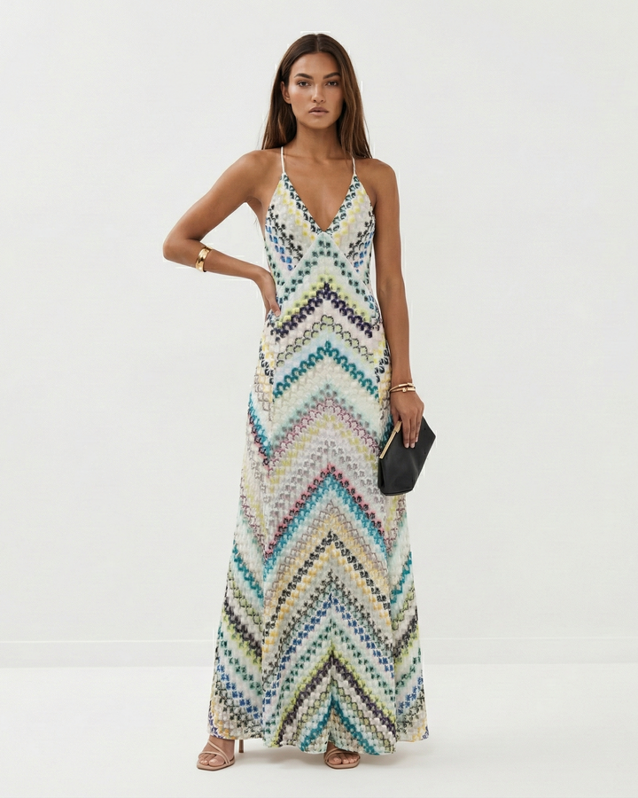 Women's Backless V-Neck Striped Maxi Dress