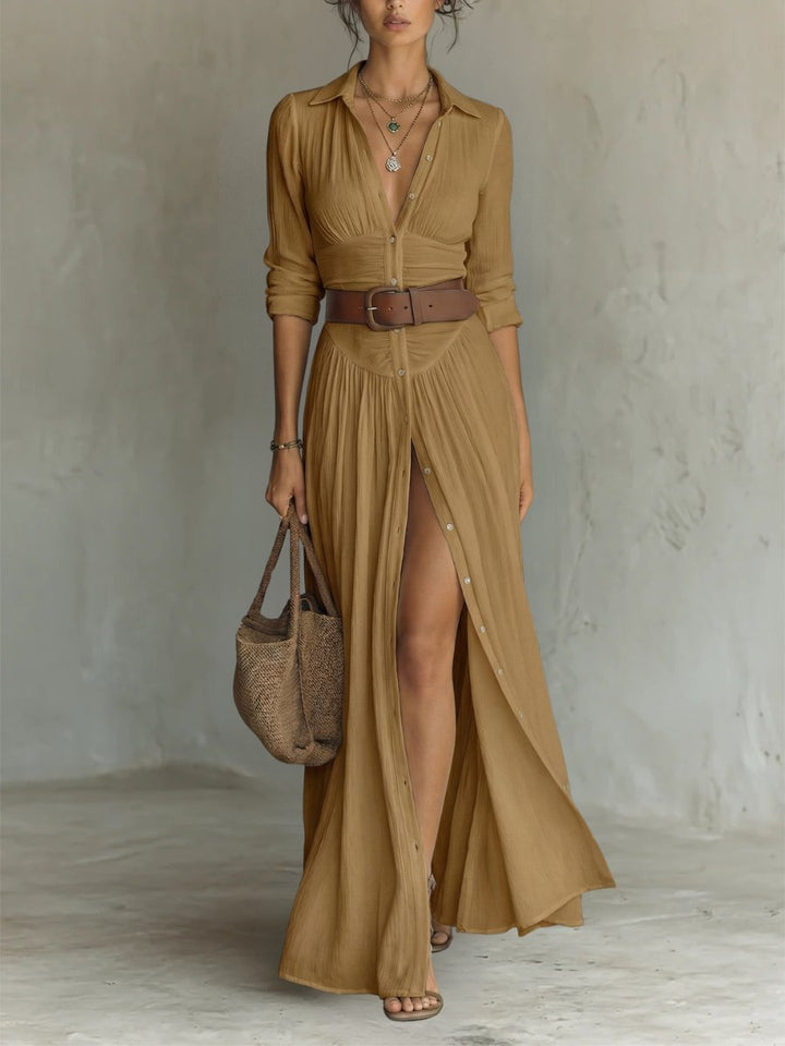 Women's Button-Through Belted Maxi Shirt Dress