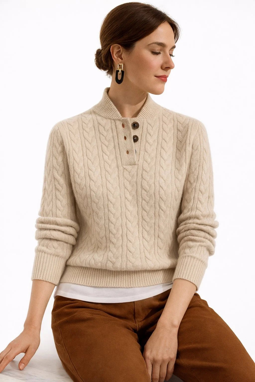 Women's Cable Knit Wool Blend Sweater with Button Neck