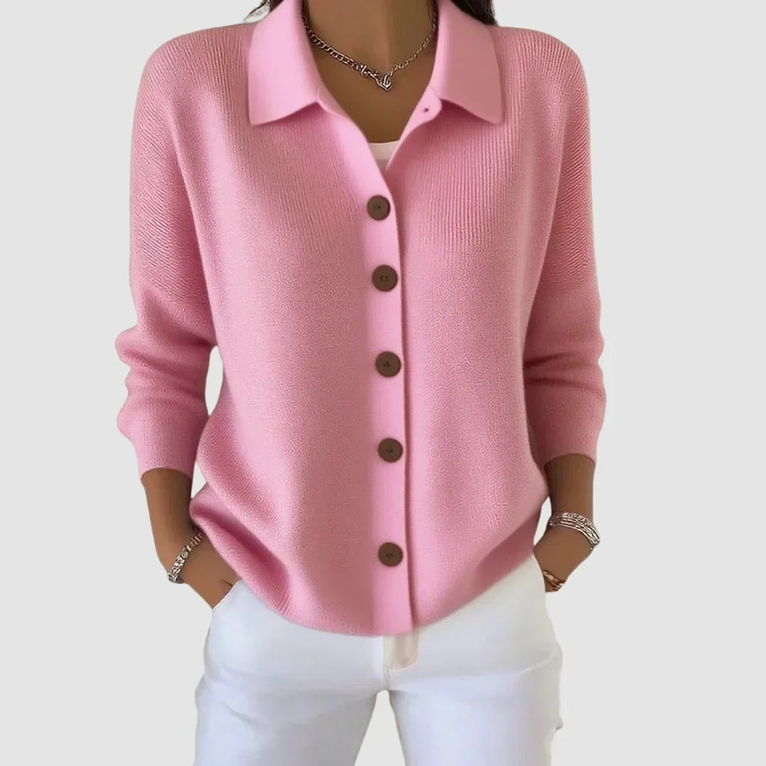 Women's Knitted Cardigan with Button Closure and Collar, Relaxed Fit