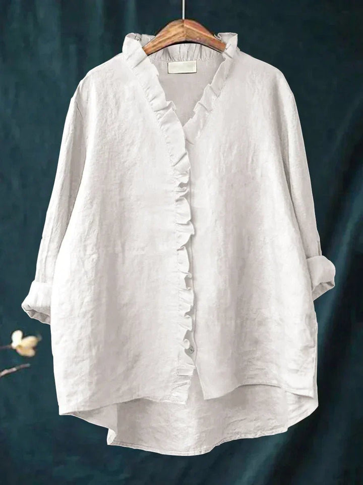 Women's Casual Ruffle V-Neck Blouse with Button Placket