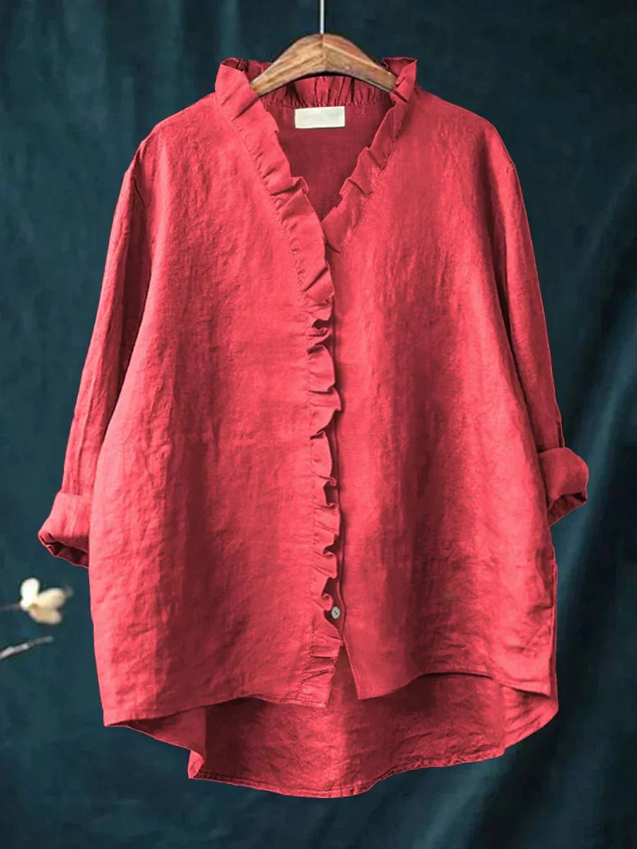 Women's Casual Ruffle V-Neck Blouse with Button Placket