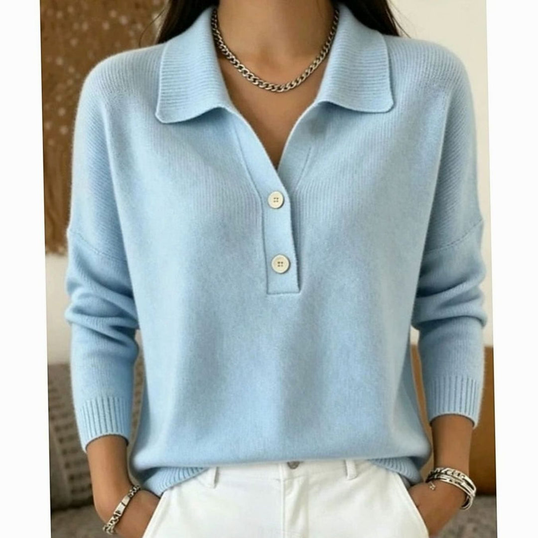 Ladies Polo Collar Sweater with Button Placket - Knitted Pullover