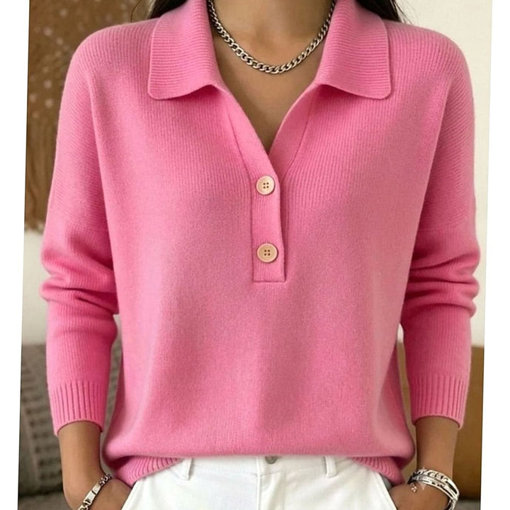 Ladies Polo Collar Sweater with Button Placket - Knitted Pullover