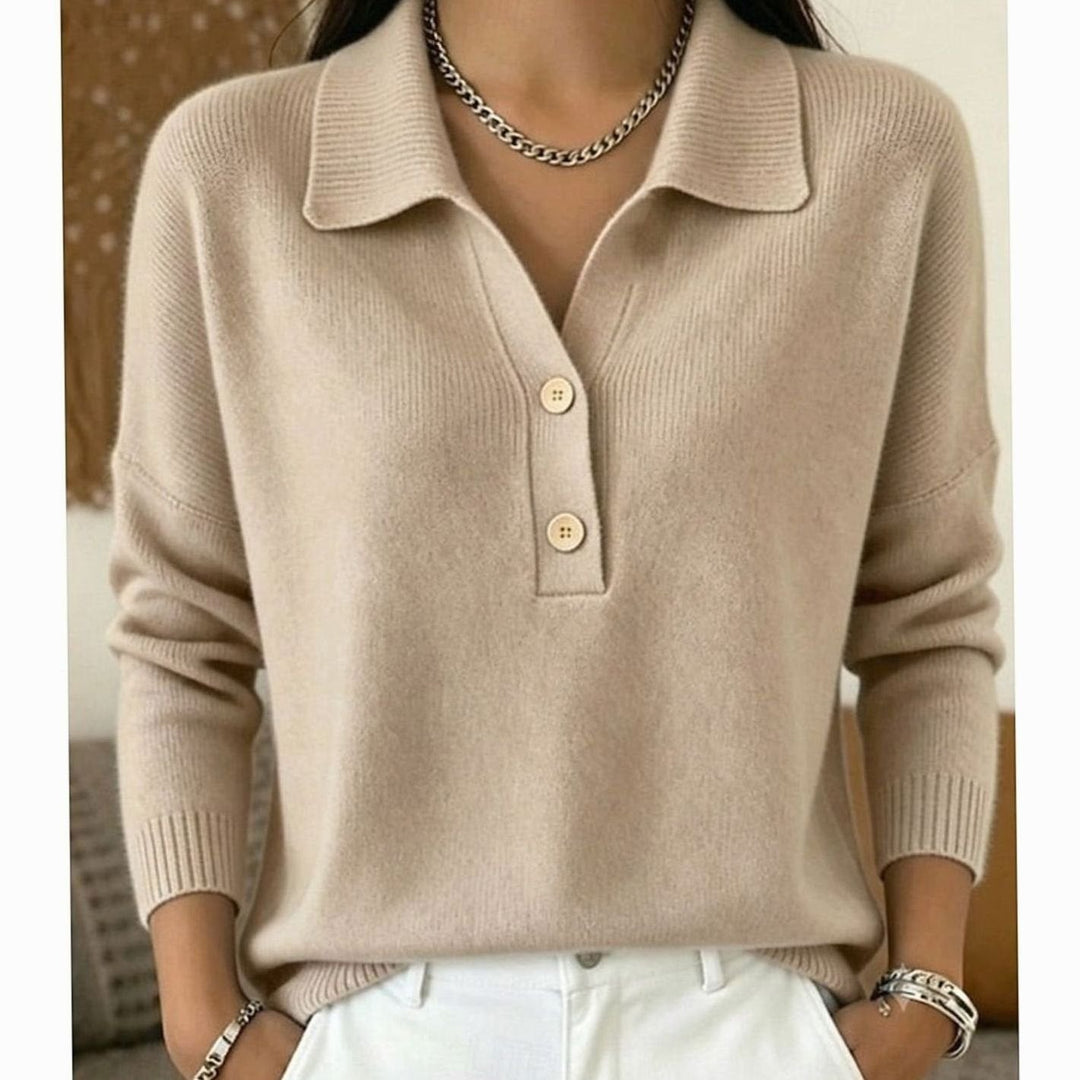 Ladies Polo Collar Sweater with Button Placket - Knitted Pullover