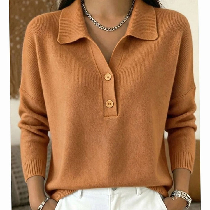 Ladies Polo Collar Sweater with Button Placket - Knitted Pullover