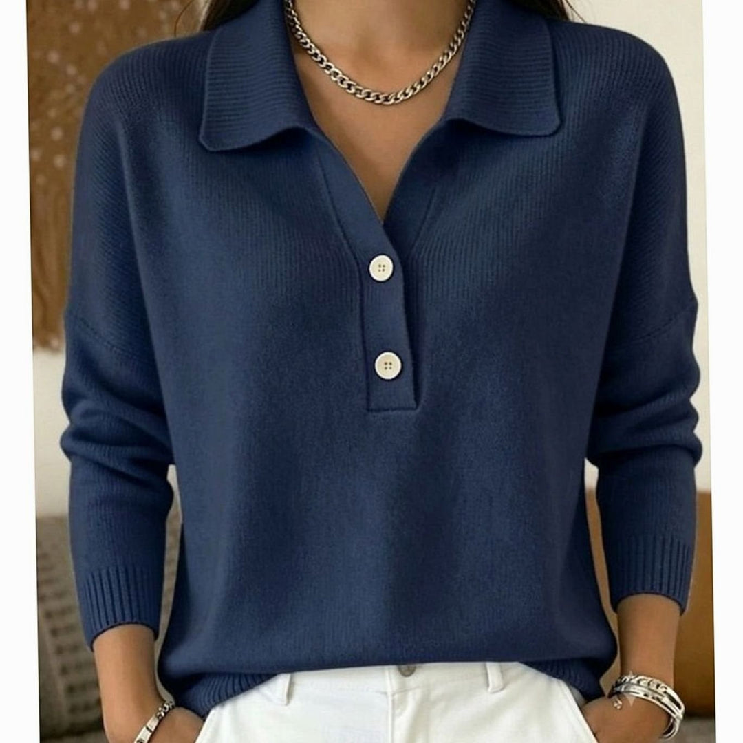 Ladies Polo Collar Sweater with Button Placket - Knitted Pullover