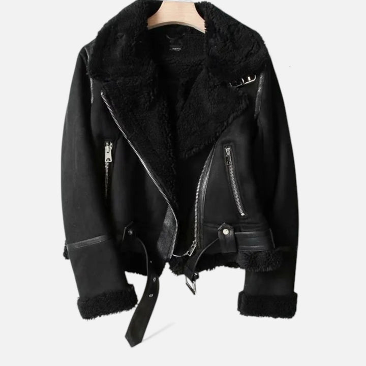 Women's Elegant Lapel Moto Jacket - Warm & Versatile Outerwear
