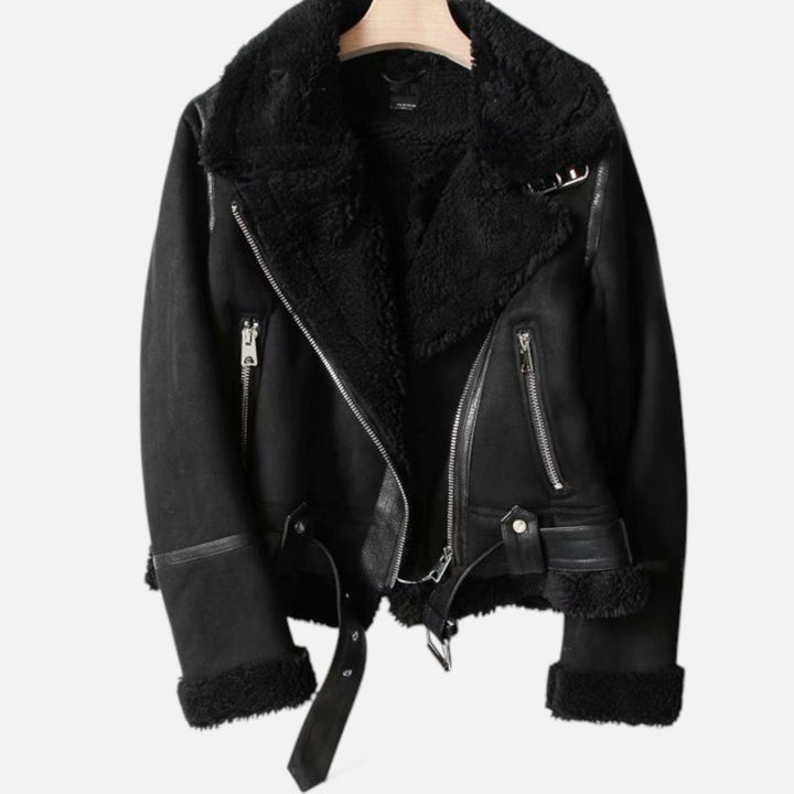 Women's Elegant Lapel Moto Jacket - Warm & Versatile Outerwear