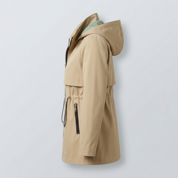 Women's Hooded Trench Jacket with Contrast Lining and Zipper Pockets