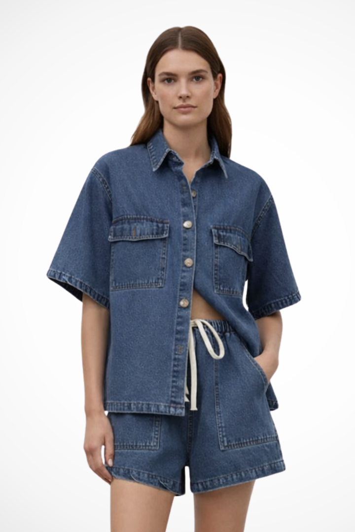 Women's Effortless Button-Down Shirt & Drawstring Shorts Set