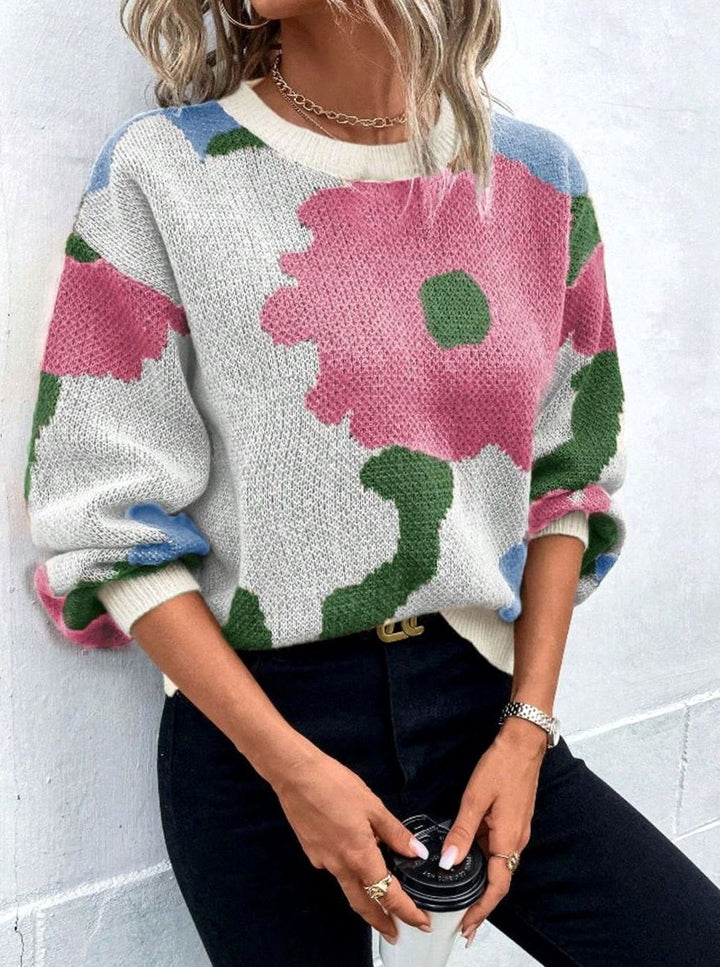 Women's Sweater Floral Print Relaxed Fit Knitted Pullover