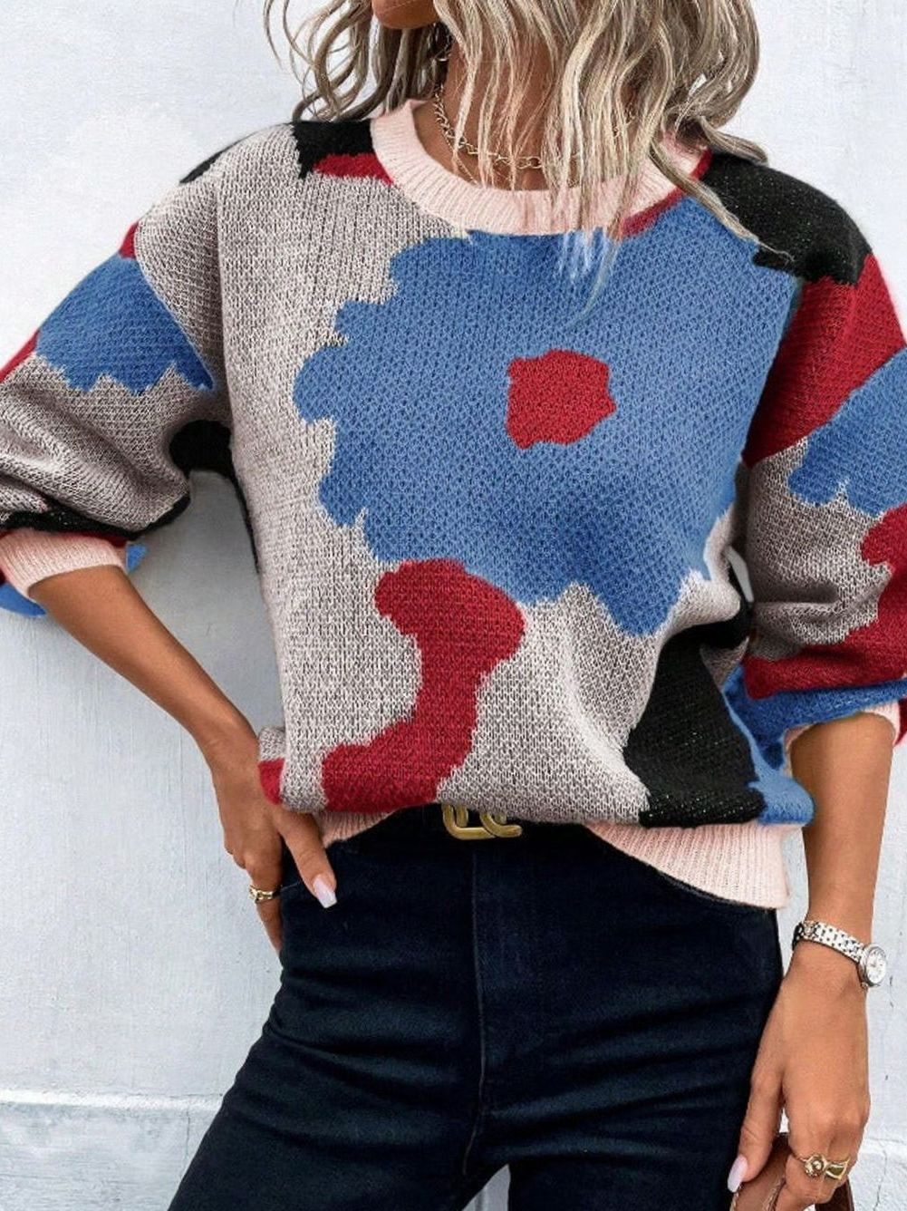 Women's Sweater Floral Print Relaxed Fit Knitted Pullover