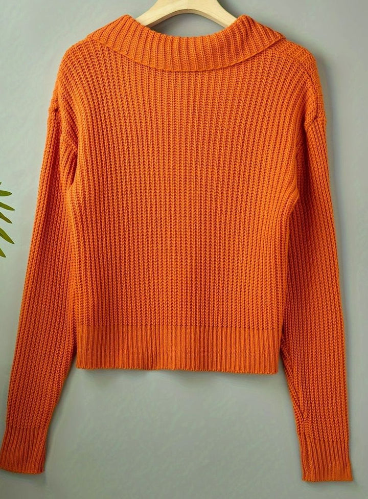 Women's Ribbed Sweater with Folded Collar - Relaxed Fit Pullover