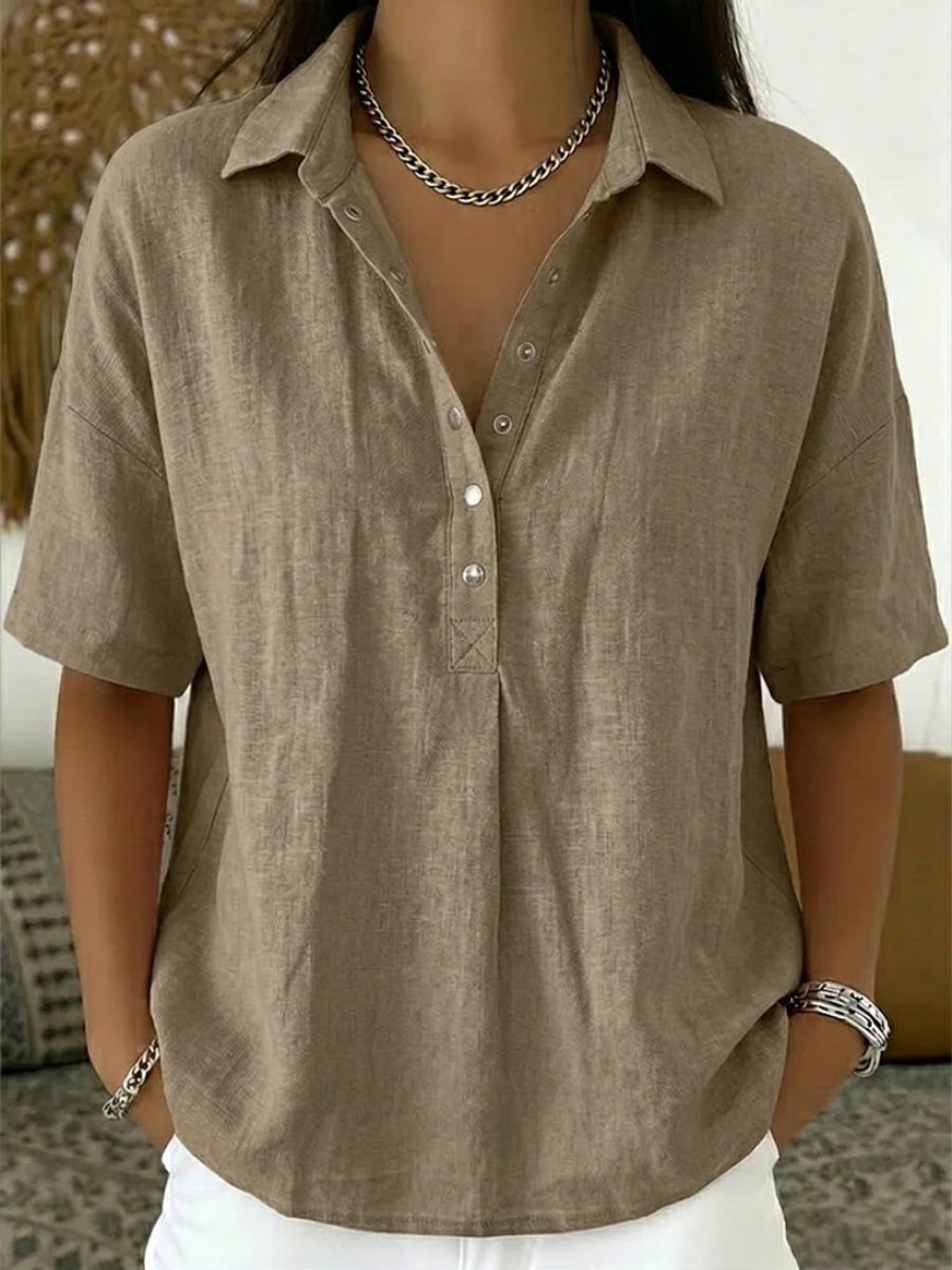 Women's Relaxed-Fit Snap-Button Collared Linen Pullover Top - Elena Harper