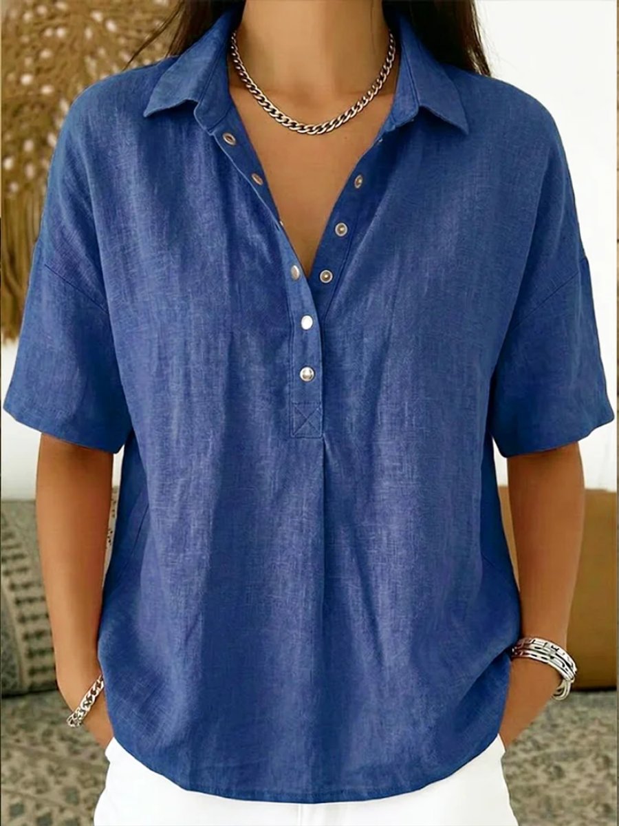 Women's Relaxed-Fit Snap-Button Collared Linen Pullover Top, view 2 - Elena Harper