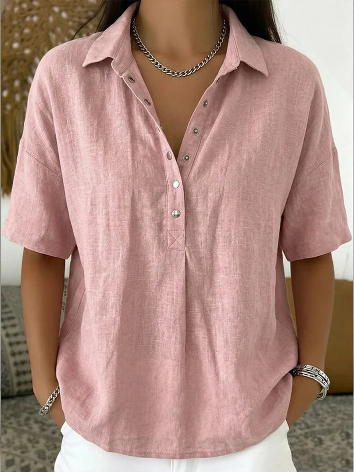 Women's Relaxed-Fit Snap-Button Collared Linen Pullover Top, view 4 - Elena Harper