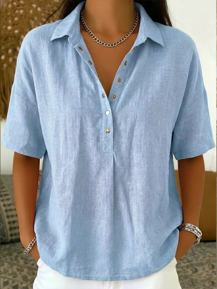 Women's Relaxed-Fit Snap-Button Collared Linen Pullover Top, view 5 - Elena Harper